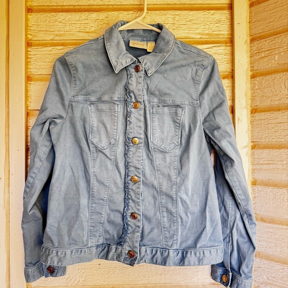 Chico's Ruffled Trim Jean 1=Medium Light Blue Jacket Button Down Feminine Fall